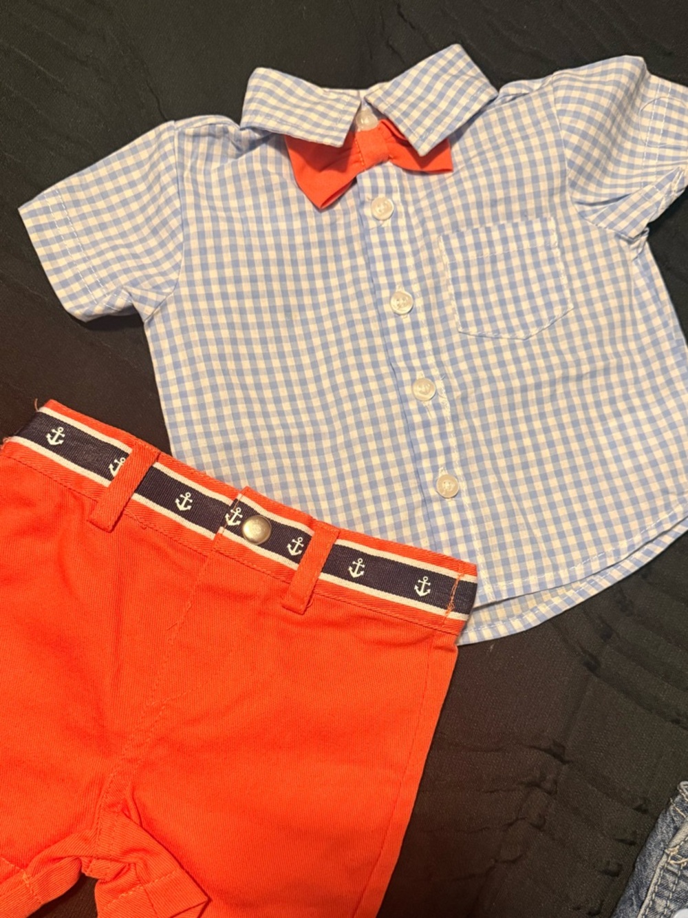Edgehill Collection Blue Gingham Shirt with Orange Shorts and Bow Tie